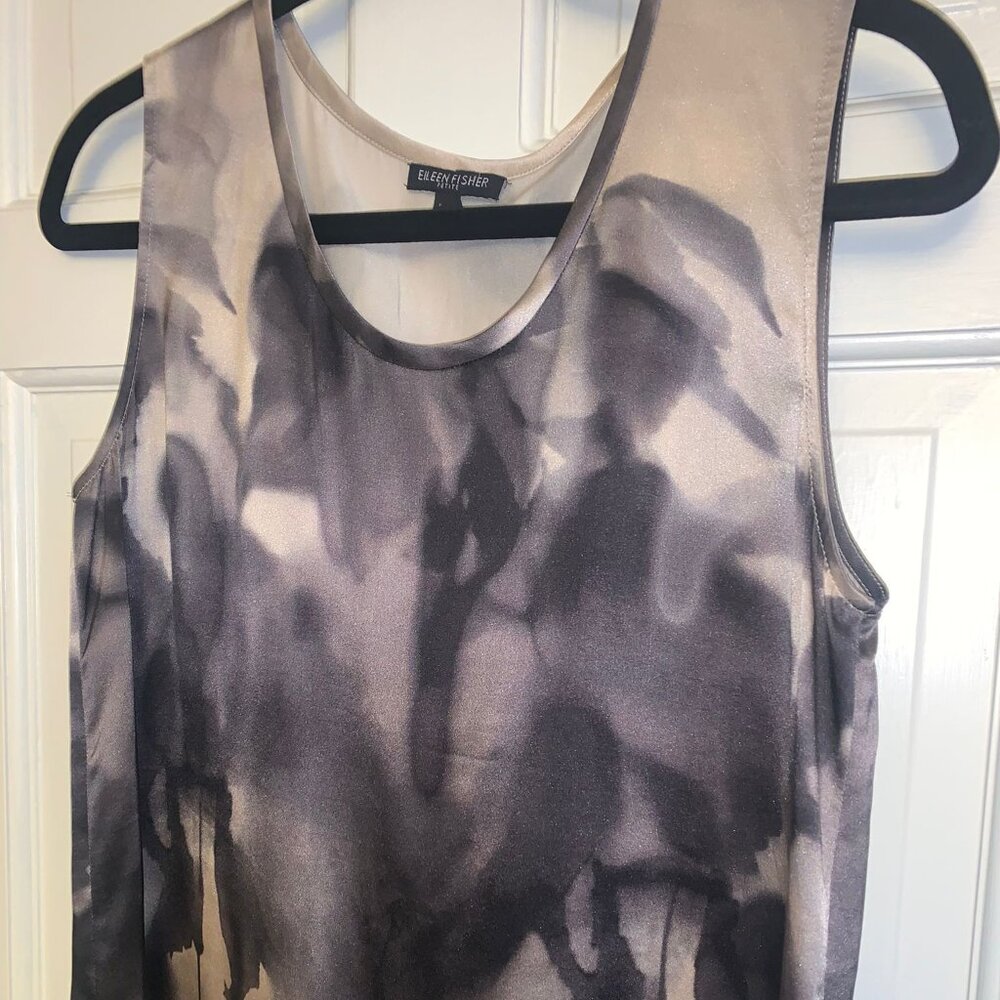 Eileen Fisher Silk Tank Top Petite Small Gray Grey Black Abstract Print Blouse